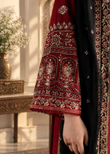Khizra Artstyle crimson embroidered 3-piece suit — Garnet Grace design, close-up of the sleeve cuff embroidery detail