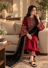 Khizra Artstyle crimson embroidered 3-piece suit — Garnet Grace design, seated full view showing the kurta, trouser, and dupatta together