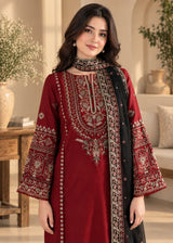 Khizra Artstyle crimson embroidered 3-piece suit — Garnet Grace design, front close-up with the embroidered dupatta wrapped around the neck
