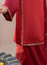 Khizra Artstyle cherry-red embroidered 3-piece suit — Gul Naaz design, close-up of the back hem embroidery and Farshi shalwar