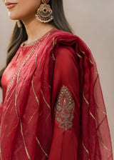 Khizra Artstyle cherry-red embroidered 3-piece suit — Gul Naaz design, close-up of the sheer organza dupatta and sleeve embroidery motif