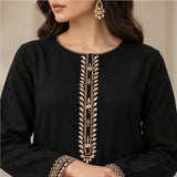 Khizra Artstyle black embroidered 2-piece suit — Hina design, close-up of the gold floral neckline and cuff embroidery